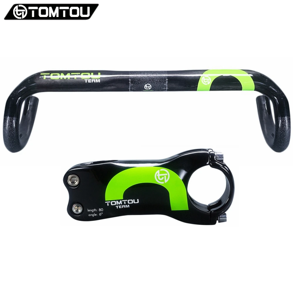

TOMTOU Carbon Fibre Road Handlebar Sets Cycling Bent Bar + Stem Racing Bicycle Parts Set UD Finish Glossy Green - TC2T39