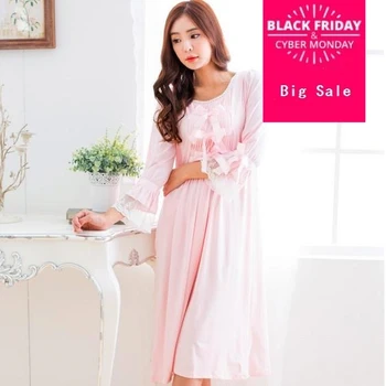 

2017 Princess Nightgown Women's thick warm Cotton Sakura Pink bowtie sleepwear Sleep Dress Gown Vintage Princess Bows Cute D34