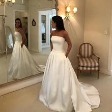 Simple Boho A-line Wedding Dresses Strapless Satin Draped Bridal Dress Bow Sashes Vestidos De Noiva Bride Dresses Cheapest