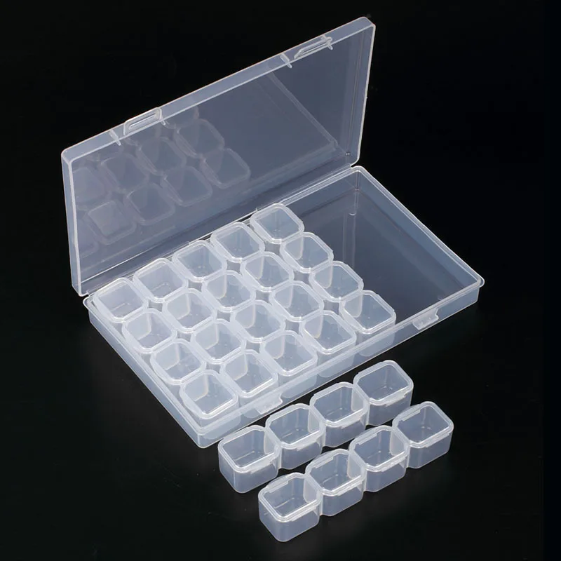 

28 Slots Jewelry Storage Box Adjustable Clear Plastic Rhinestone Bead Storage Containers Nail Art Display Case Set Holder