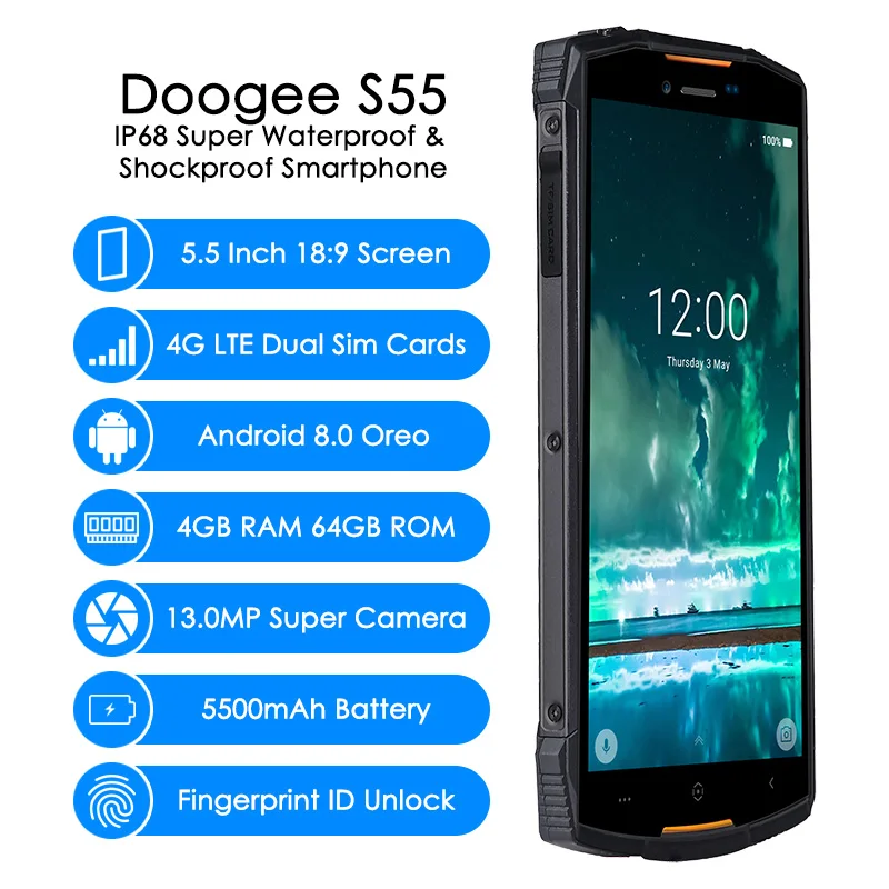 Original Doogee S55 4G LTE Dual Sim IP68 Smartphone Android 8.0 Octa Core 4G+64G Waterproof Shockproof Phone Fingerprint 5500mAh Original Doogee S55 4G LTE Dual Sim IP68 Smartphone Android 8.0 Octa Core 4G+64G Waterproof Shockproof Phone Fingerprint 5500mAh