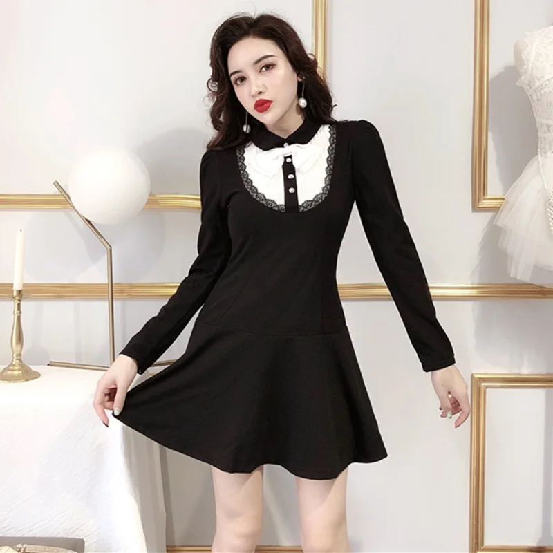 

Fashion Women Dress Lace Stitching Bow Collar Slim Waist Summer Dress 2019 New High Waist Black Dress Female