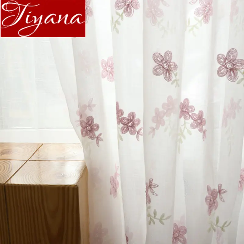 

Pink Floral Sheer Curtain Window Screen Embroidery Voile Kitchen Fabric Living Room Treatment Rustic Blinds X576#30