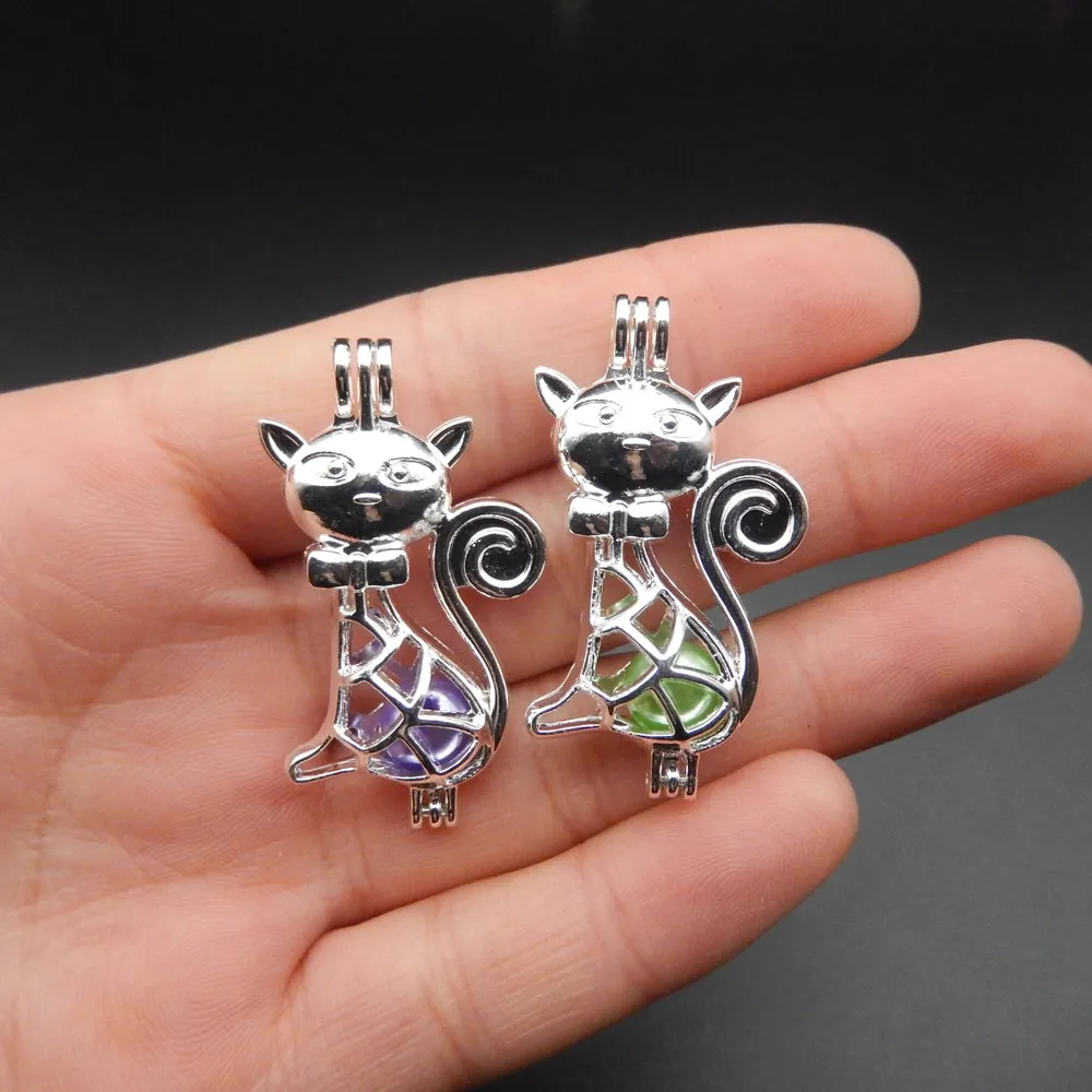 

10pcs silver cat pearl cage necklace pendant, aromatic oil disperser adds your own pearl, stone makes it more attractive.