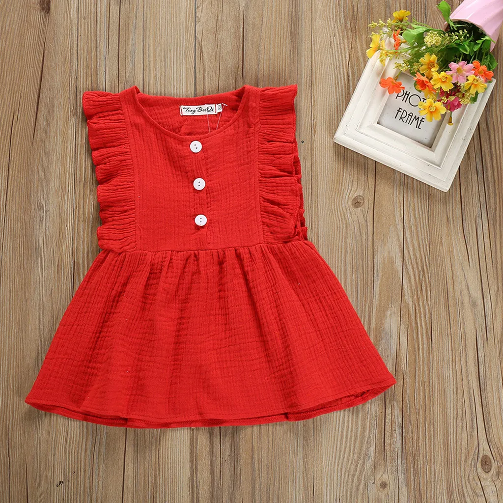 

2019 New Baby Girl Clothes Kids Fashion Style Solid Ruched Button Sleeveless Tutu Dresses Spring Infant Clothing Rompers