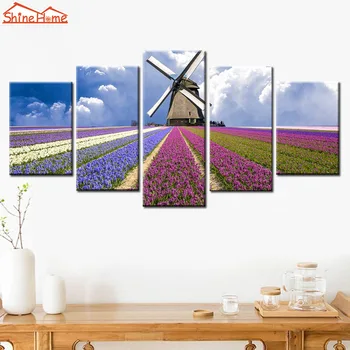 

ShineHome-5 Pieces Canvas Prints Painting Purple Lavender Windmill Modular Painting Modern Picture No Frame on Wall Home Decor