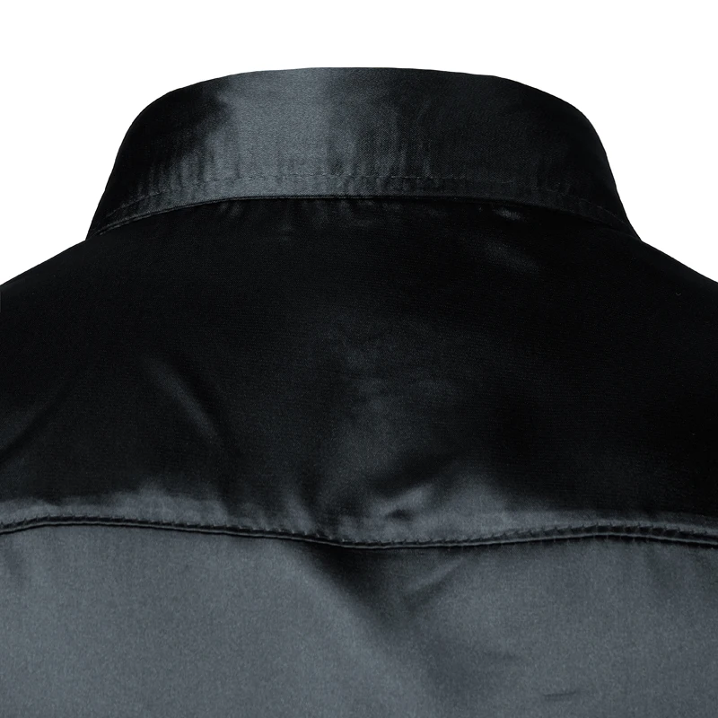 Mens Shinny Silk Like Satin Luxury Dress Shirts Men Wedding Prom Tuxedo Male Casual Shirt Camisa Masculina Black silk shirt,men glitter shirt