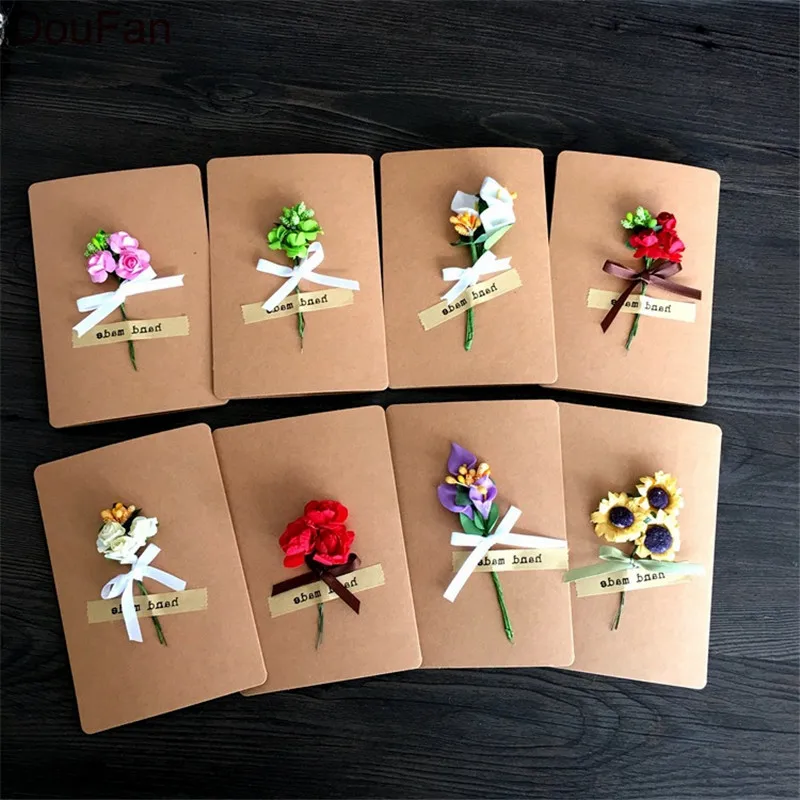 

DouFan 1PC Folding Paper Card with Artificial Flower Decored Happy Birthday Greeting Card Thanksgiving Mother's Day Postcard