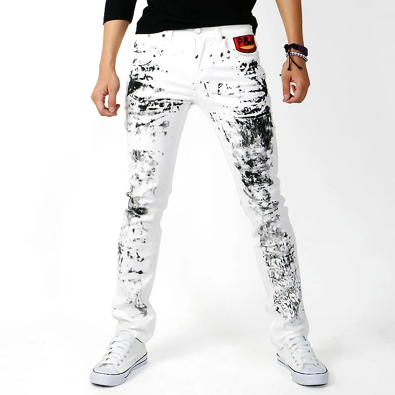 2013 spring splash ink black and white jeans male slim casual long