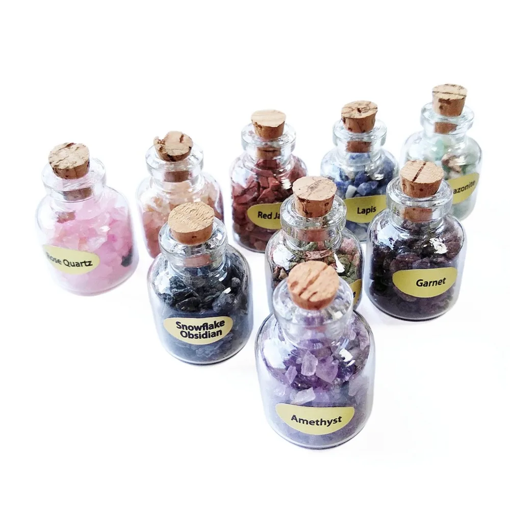 

9pcs Mini Natural Gravel Stone Bottles Chips Reiki Healing Crystal Wicca Tumbled Stones Set Collectible Specimen Home Decoration