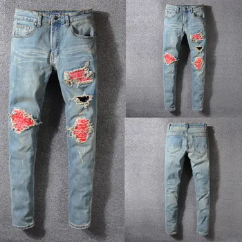 

2019 Summer New Men Jeans,High Quality Patchwork Casual Pants Slim Fit Brand Streetwear Stretch Biker Jeans Men,Hole Red Color