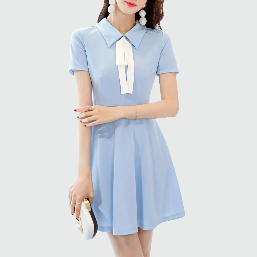 

Summer Elegant Ladies Short Sleeve Dresses 2018 New Pink / Sky Blue Casual Mini Party Dresses Vestidos