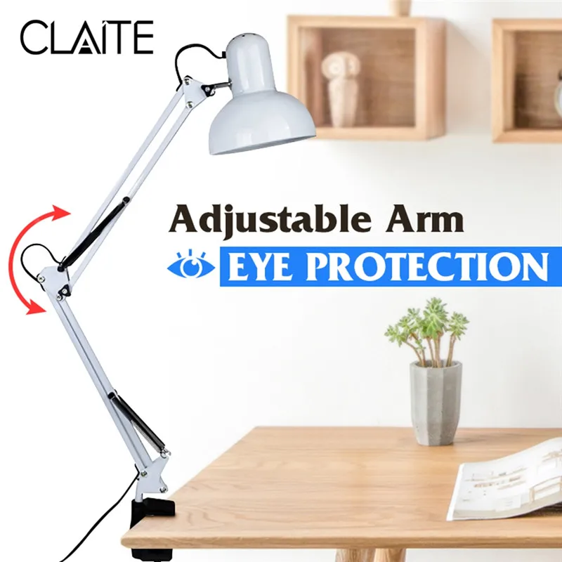  EU/US Plug Flexible Swing Arm Clamp Mount Lamp Office Studio Home E27/E26 White Table Desk reading 