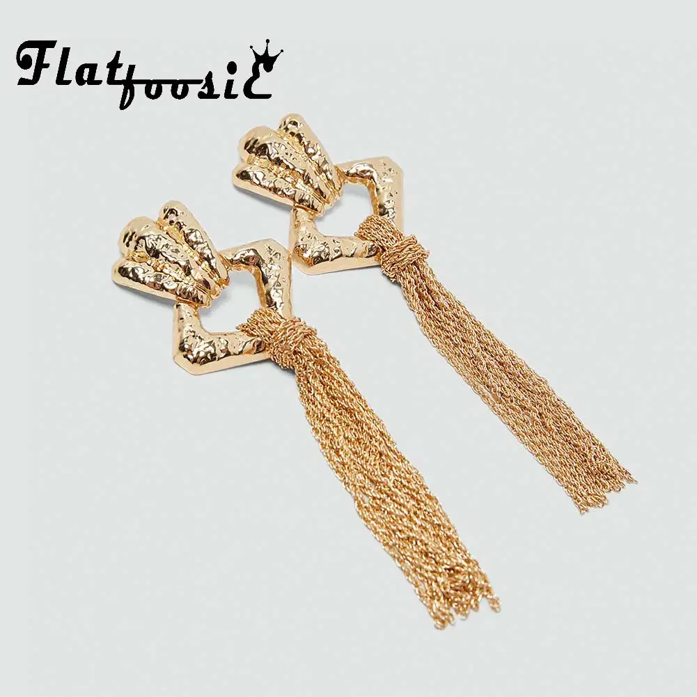 

Flatfoosie Golden Tassel Long Dangle Earrings For Women Fashion Geometric Metal Chain Fringed Party Vintage Drop Earring Jewelry