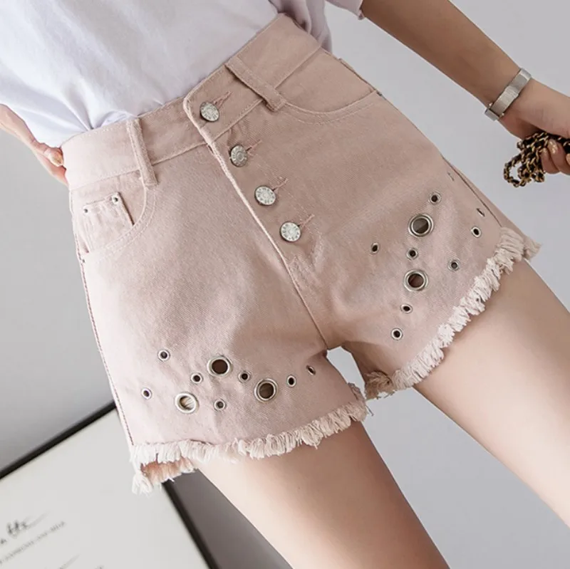 New Korean Style Plus Size Summer Tassel Women Denim Shorts Female Students Metal Ring Decoration High Waist Hole Short Pants New Korean Style Plus Size Summer Tassel Women Denim Shorts Female Students Metal Ring Decoration High Waist Hole Short Pants