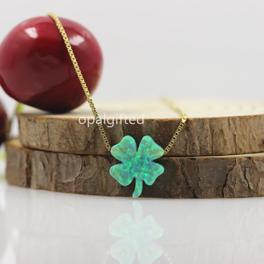 

Free Shipping Trendy 12*13mm Lucky four leaf clover opal necklace green fire synthetic opal clover pendant gold chain necklace