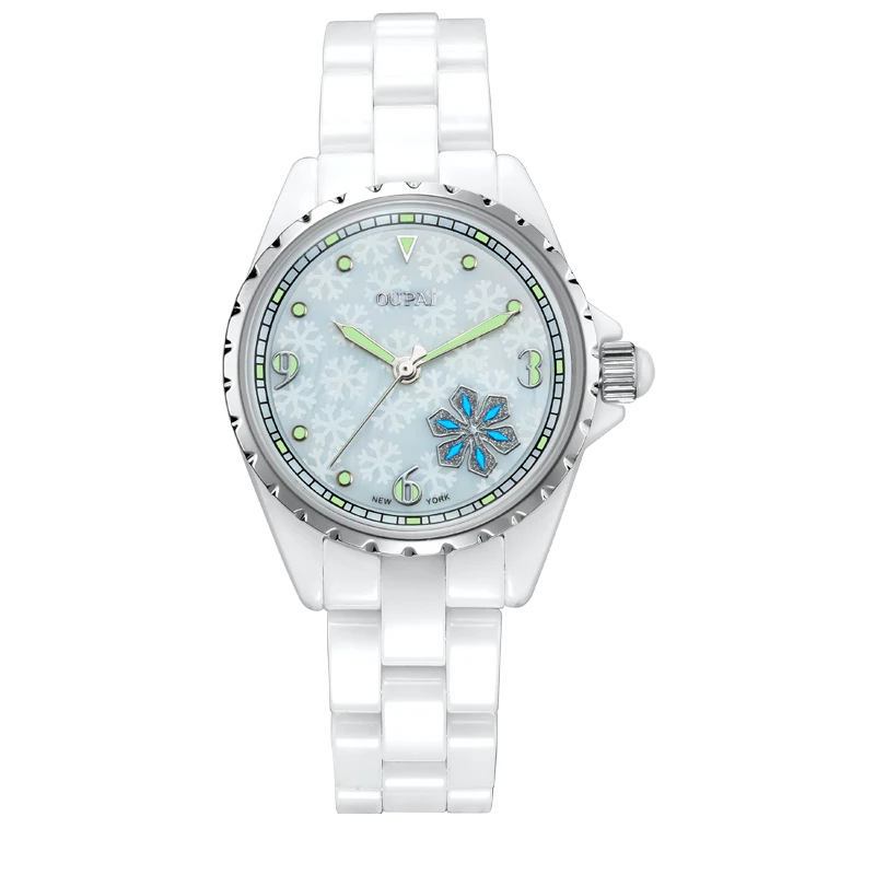 Signore OUPAI Lucky Snow Love с кристаллами на ремешке, австрийские женские часы, керамические кварцевые часы, женские часы под платье - Цвет: Snow