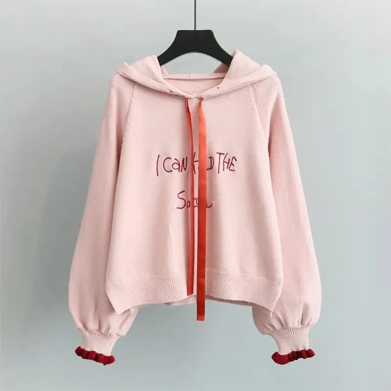 

MUMUZI 2018 Autumn Loose Hooded Sweater Women Letters Long Sleeve Knitting Sweater Female Pullover Knitwear Preppy Style