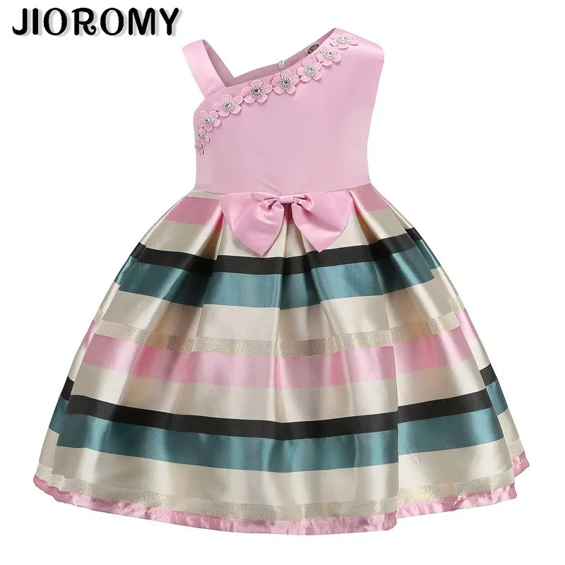 Новинка года; сезон весна-лето; платье с жемчужинами и цветочным узором для девочек; платье с горизонтальными полосками на одно плечо; детское платье; одежда для малышей