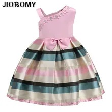 Новинка года; сезон весна-лето; платье с жемчужинами и цветочным узором для девочек; платье с горизонтальными полосками на одно плечо; детское платье; одежда для малышей