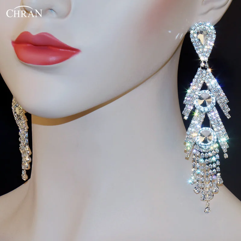 CHRAN Gold Silver Color Sparkling Rhinestone Long Tassel Earrings for Women Exaggerated Crystal Dangle Drop Earrings Jewelry