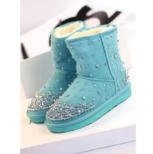 

First layer of cowhide handmade rhinestone snow boots fur candy color one piece flat snow boots