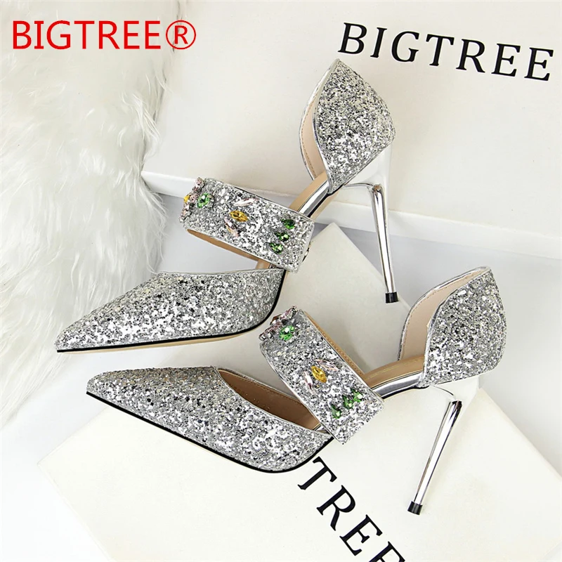 

Fashion Buckle Crystals Bling Pumps Women Elegant 10cm Thin High Heels Point toe Party Wedding Shoes Woman Glod Sliver Black