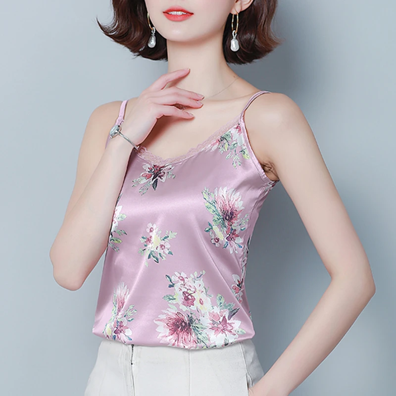 

Korean Fashion Silk Women Camis Streetwear Sexy Tops Satin Lace Sleeveless Black Female Tank Tops Plus Size XXXL/4XL Pink Shirt