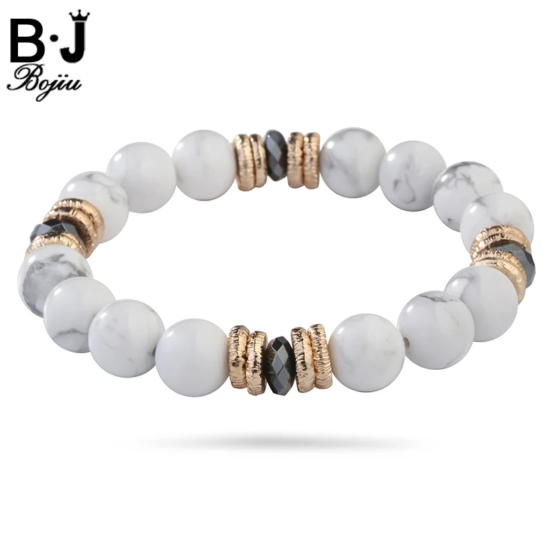 

BOJIU Clear Bracelets Mixed Colored Copper Connections Exquisite Natural Stone Women Bracelet 10MM Beaded Elastic Bracelets BC58