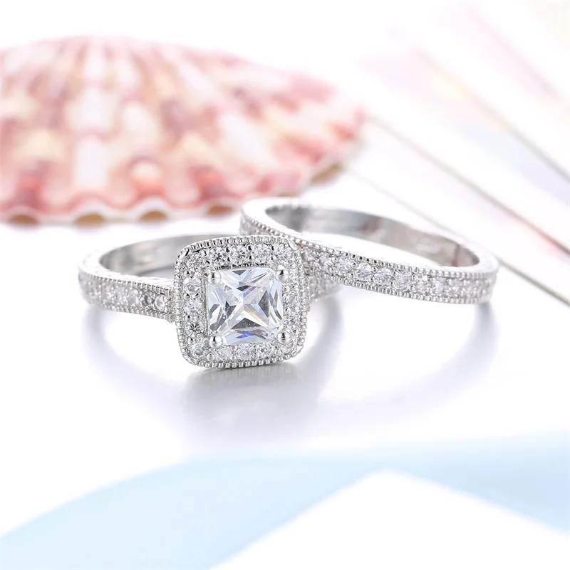 YANHUI Women Cubic CZ Rings Set Luxury 925 Solid Silver Jewelry Wedding Ring Band Promise Engagement Rings For Women ZR293