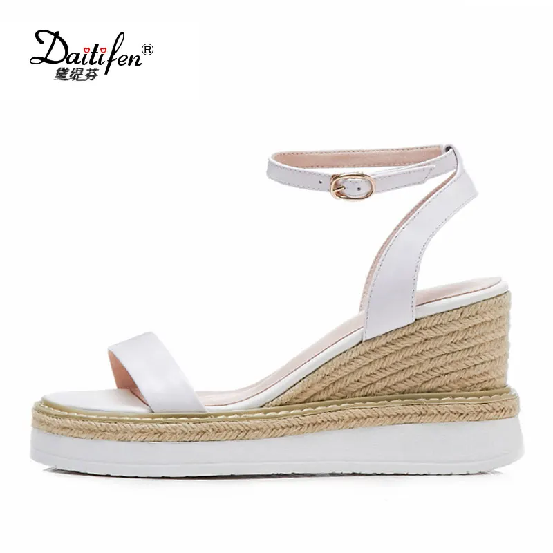 

Daitifen Genuine Leather Sandals Women Ankle Strap Wedges Sandals High Heel Platform Summer Bohemian Straw Wedge Heeled Shoes