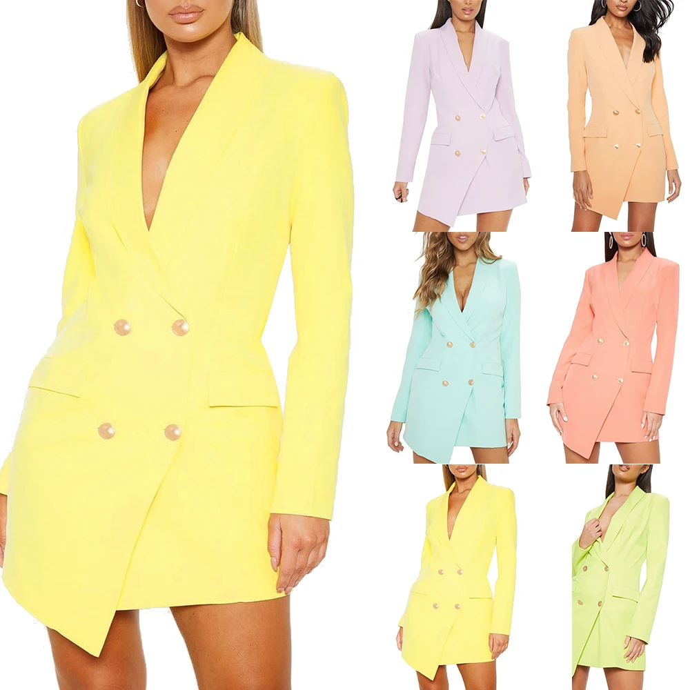 

HEFLASHOR Solid Double Breasted Women Dress Office Casual Blazer Dress 2019 Autumn Winter Slim Suit Ladies Dresses Plus Size 4XL