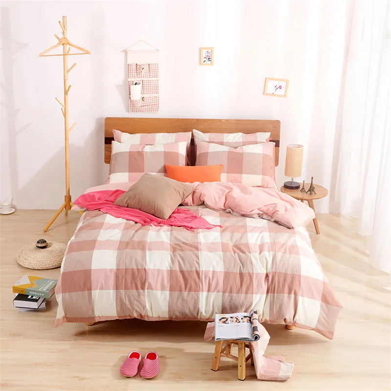 

Bedding 100% cotton light red lattice pattern home textiles 4Pcs duvet cover fitted sheet pillowcases comfortable and softe