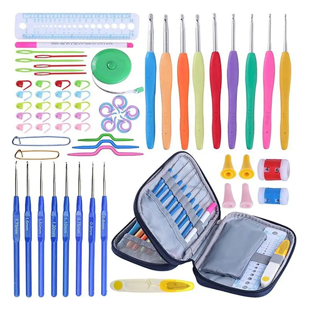 

67Pcs/set Crochet Hook Set Yarn Weave Knitting Needles with Blue Case Crochet Needles Scissors Needles Rulers Sewing Accessories