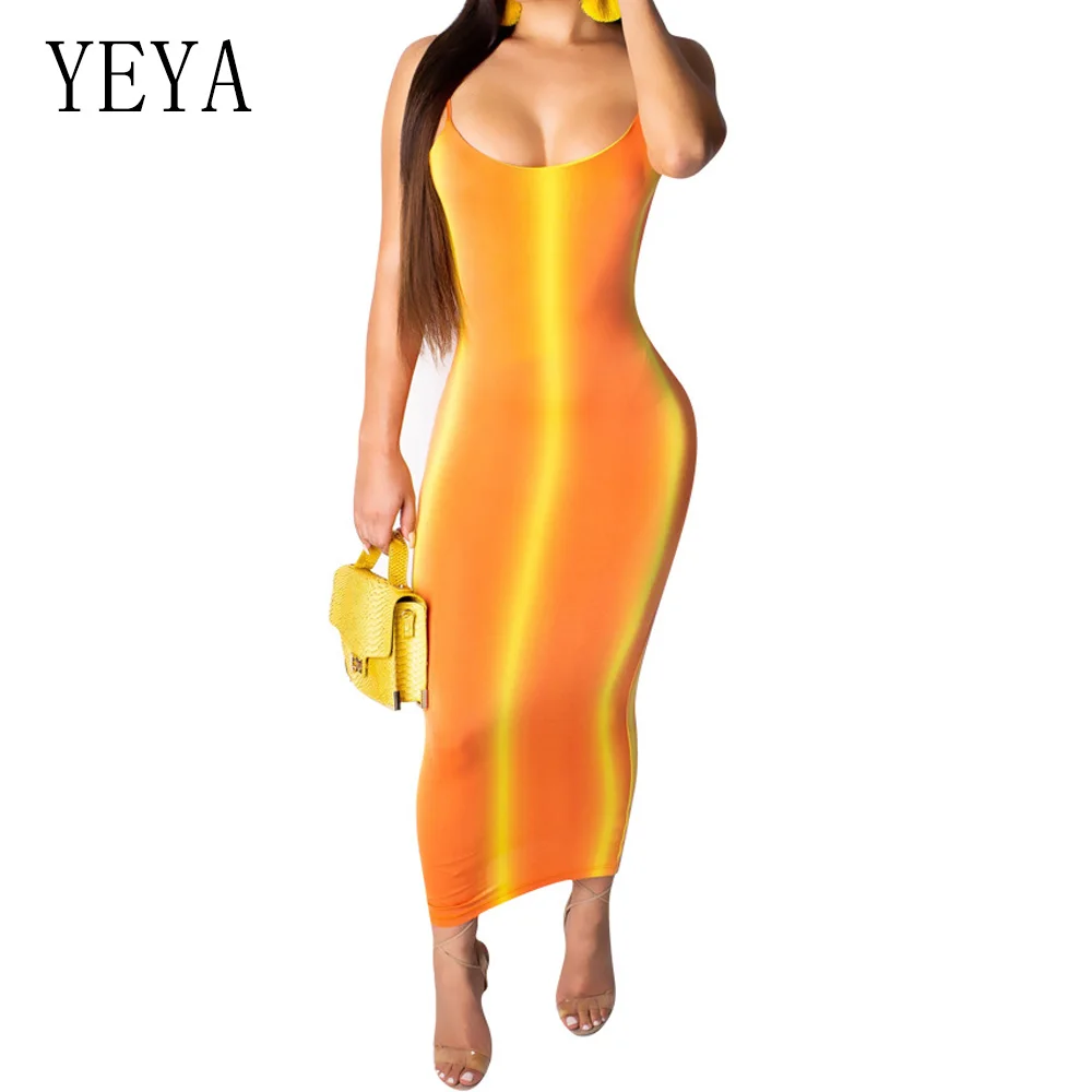 

YEYA Gradient Striped Sexy Spaghetti Strap Bodycon Dress Summer Women Neon Orange O Neck Sleeveless Backless Beach Party Dress