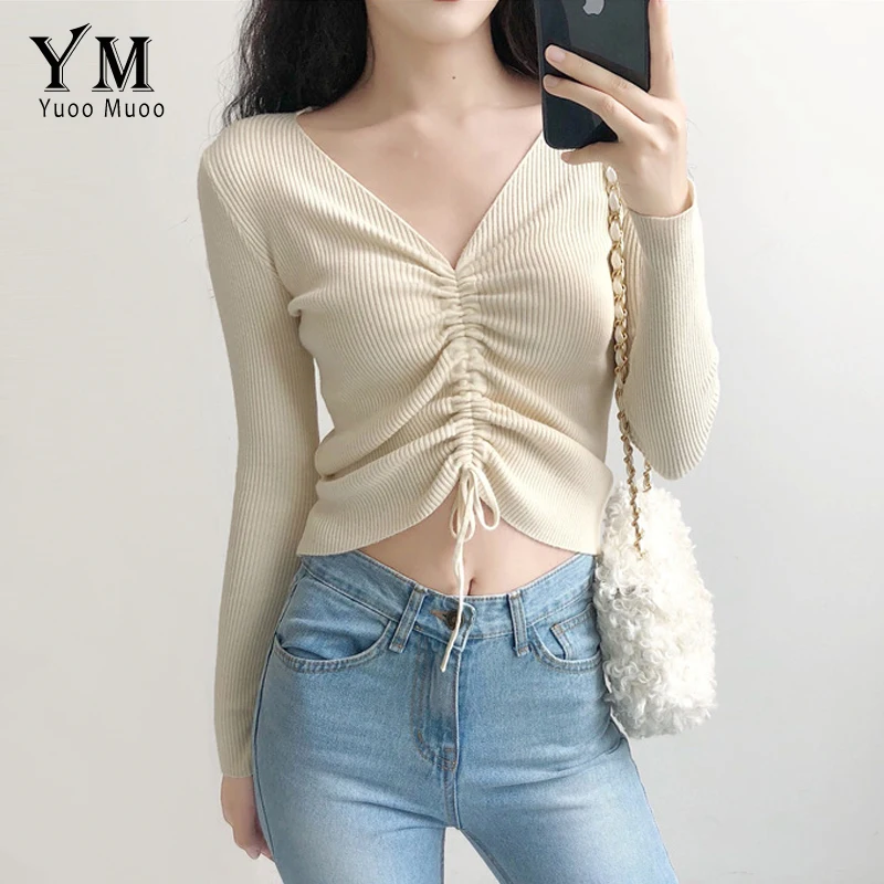 

YuooMuoo Fashion V Neck Drawstring Crop Sweater 2019 Spring Autumn Women Knit Sweater Pullover Black White Ladies Tops Knitwear