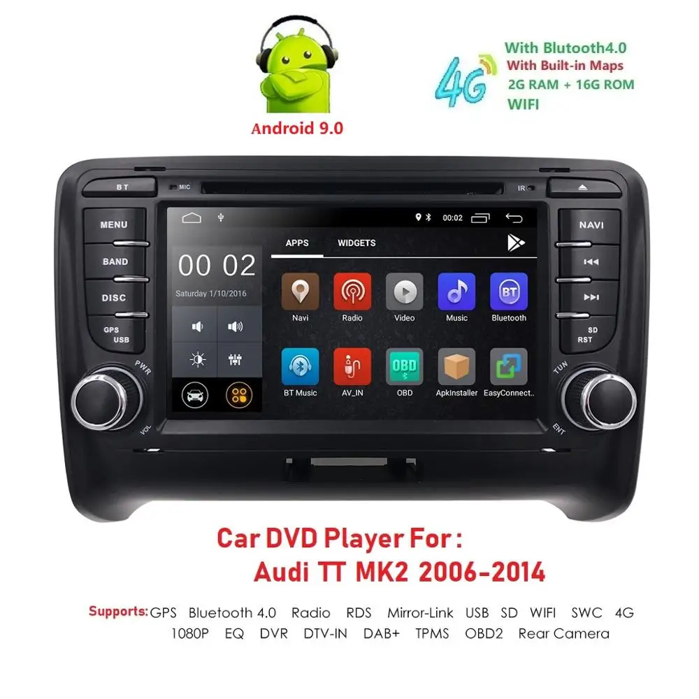 

Ossuret DSP IPS Android 9.0 2 DIN Car DVD GPS For Audi TT MK2 8J 2006 2007 2008 2009 2010 2011 2012 multimedia player radio obd2