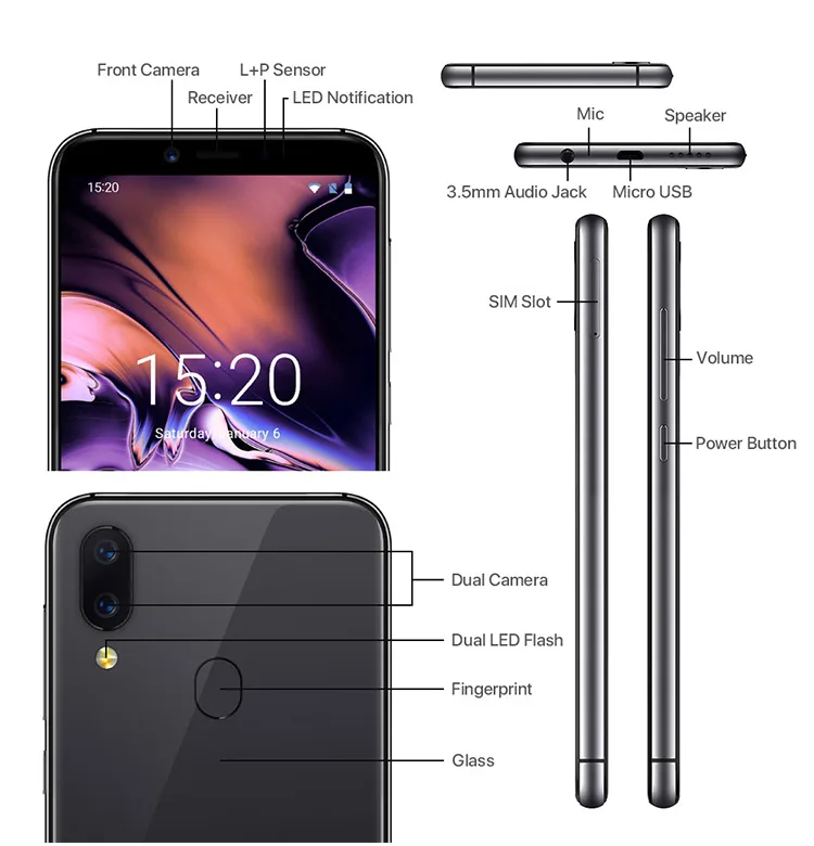 UMIDIGI UMI A3 2GB RAM 16GB ROM MTK6739 1.5GHz Quad Core 5.5 Inch HD+ Full Screen Dual Camera Android 8.1 4G LTE Smartphone