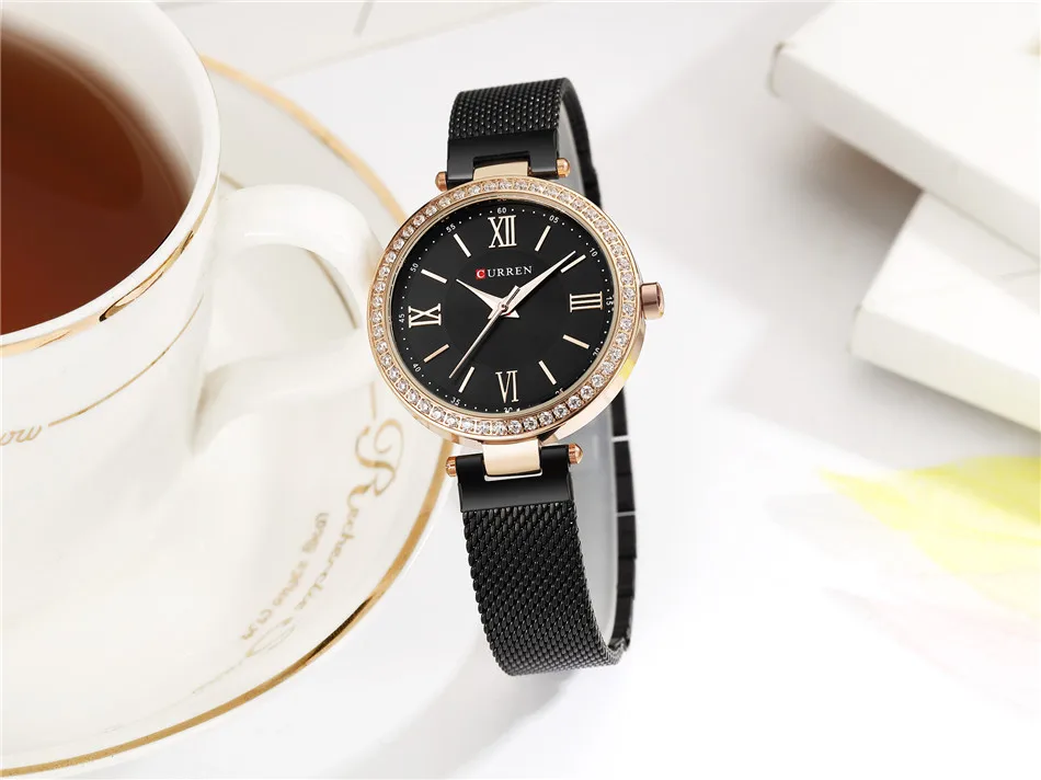 Curren Для женщин Часы Роскошные брендовые золотистый и черный браслет Кварцевые часы Дамская мода платье Jewelry Подарки наручные часы для Для