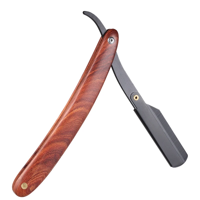 Men Shaving Straight Edge Razor Stainless Steel Manual Razor Wooden Handle Folding Shaving Knife Shave Beard Cutter Pouch