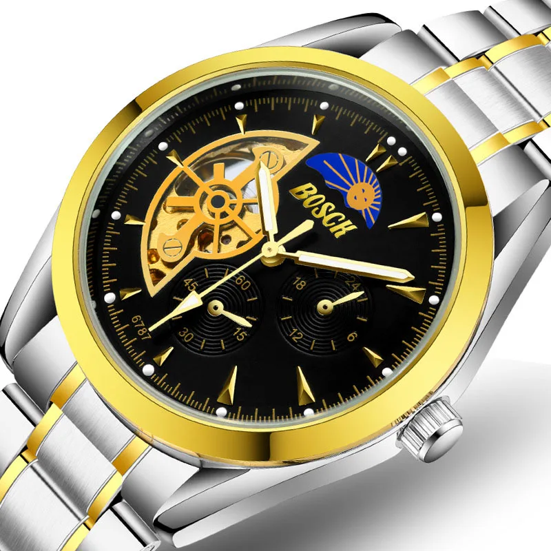 

Man's Steel Strip Hollow Flywheel Machinery Watches Waterproof