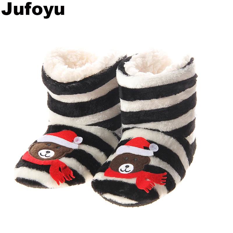 

Jufoyu New Indoor Home Slippers Kids Christmas Flannel Shoes Plush Home Slippers children 21cm Wooden Floor Slippers