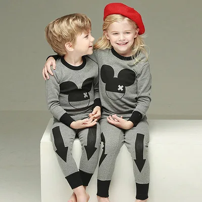 Для маленьких мальчиков и девочек с длинными рукавами, пижама с Микки Маусом комплекты детские пижамы Костюмы, комплект одежды для детей, одежда для детей, размеры от 24 мес. до 8 лет - Цвет: Gray