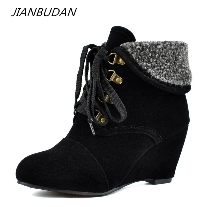 

JIANBUDAN Brand large size winter women's warm boots Fashion Wedge Lace-Up Snow Boots High quality suede female winter boots