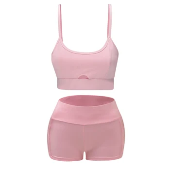 Zhangyunuo Fitness Yoga Set Pink Hollow Out Crop Top+Shorts Gym Active Women Suits 2pcs Set Workout Clothes 4