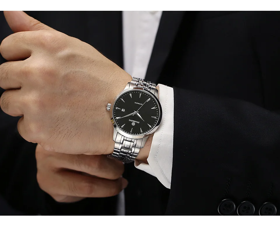 HTB1SLgjk7SWBuNjSszdq6zeSpXas STARKING Automatic Watches Men Stainless Steel Business Wristwatch Leather Fashion 50M Waterproof Male Clock Relogio Masculino