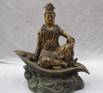 

bi001876 Tibet Fane Bronze freeness Kwan-Yin Guan Yin Bodhisattva Buddha Sit lotus leaf