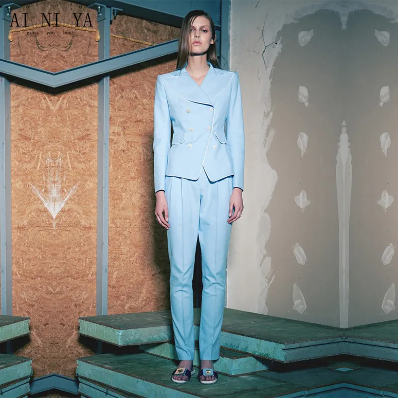 Light Sky Blue Womens Business Suits Slim Ladies Elegant Pants Suit