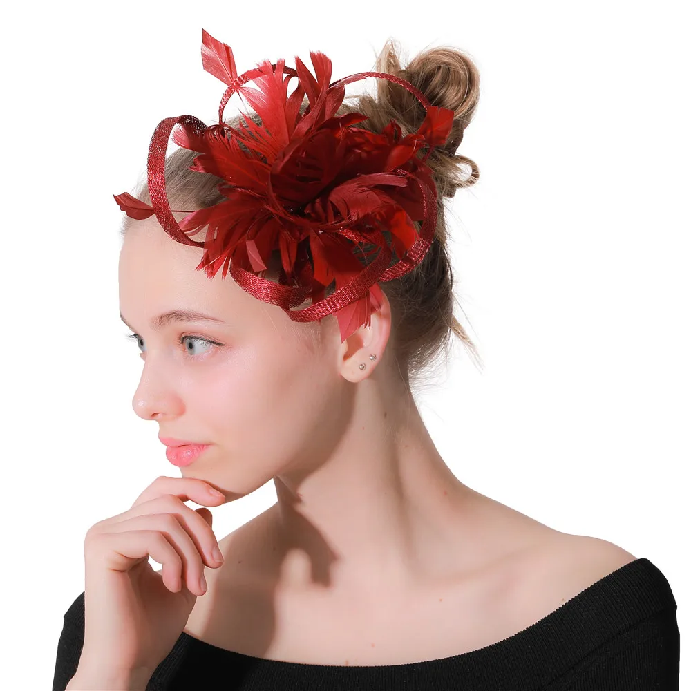 

Fashion Wedding Women Marron Fascinator Hair accessories headbands elegant heawear And Feathers Party Event Mesh Hat Gift XMF165