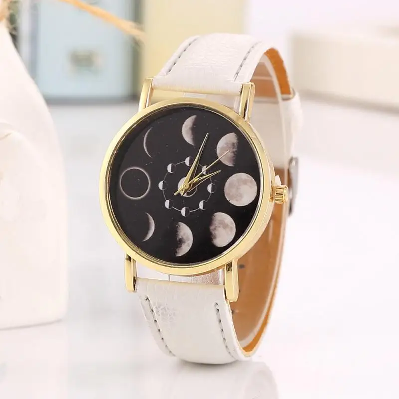 Daily Waterproof Female Solar Moon Phase Lunar Eclipse Watch Women Stylish Quartz Watch PU